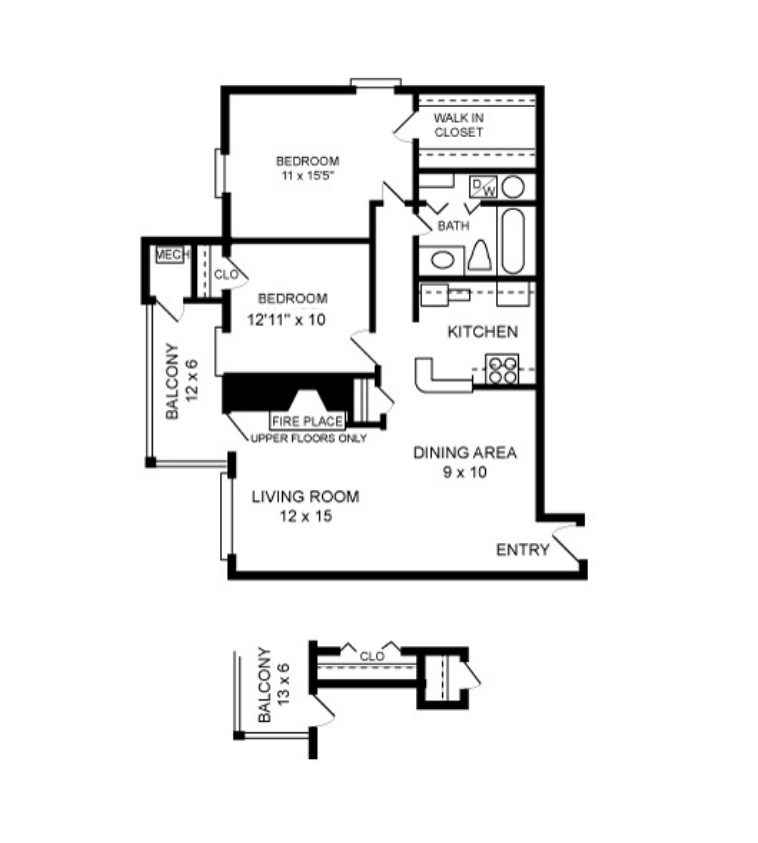 Floor plan for 2 beds, 1 bath, 1044 sqft